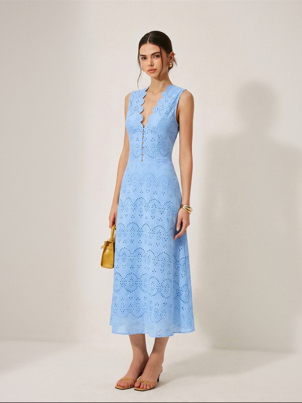 Commense Light Blue Eyelet Midi Dress with Scalloped V-Neck